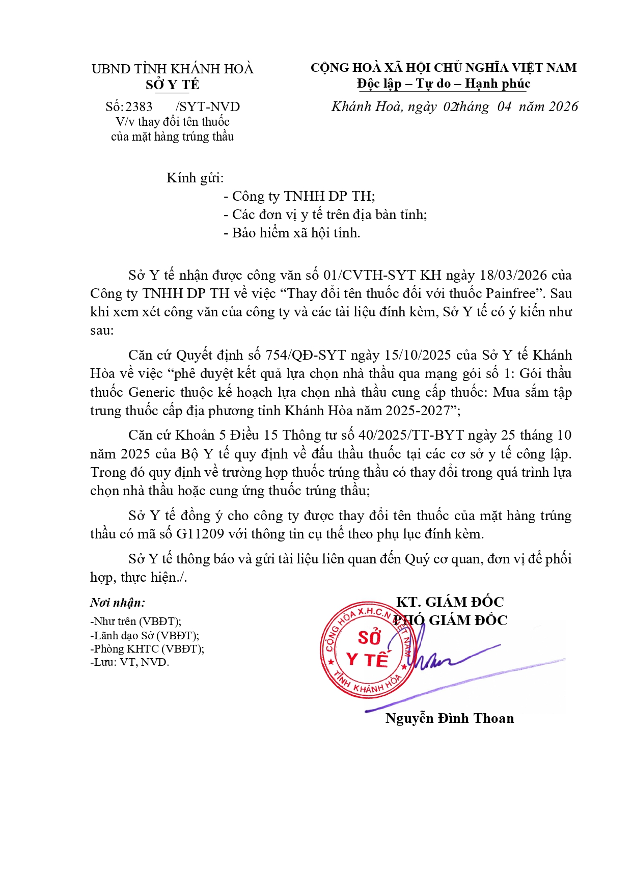 V/v thay đổi tên thuốc của mặt hàng trúng thầu